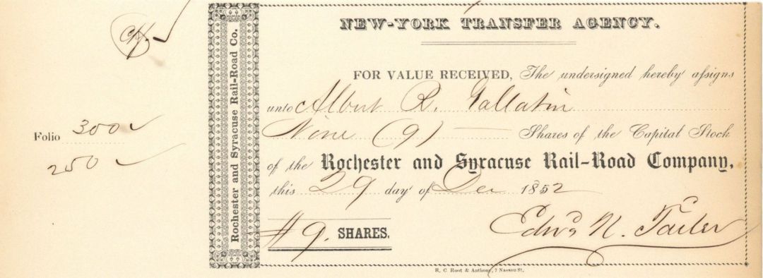 Rochester and Syracuse Rail-Road Co. Issued to Albert R. Gallatin - Son of Albert Gallatin - 1852 dated Stock