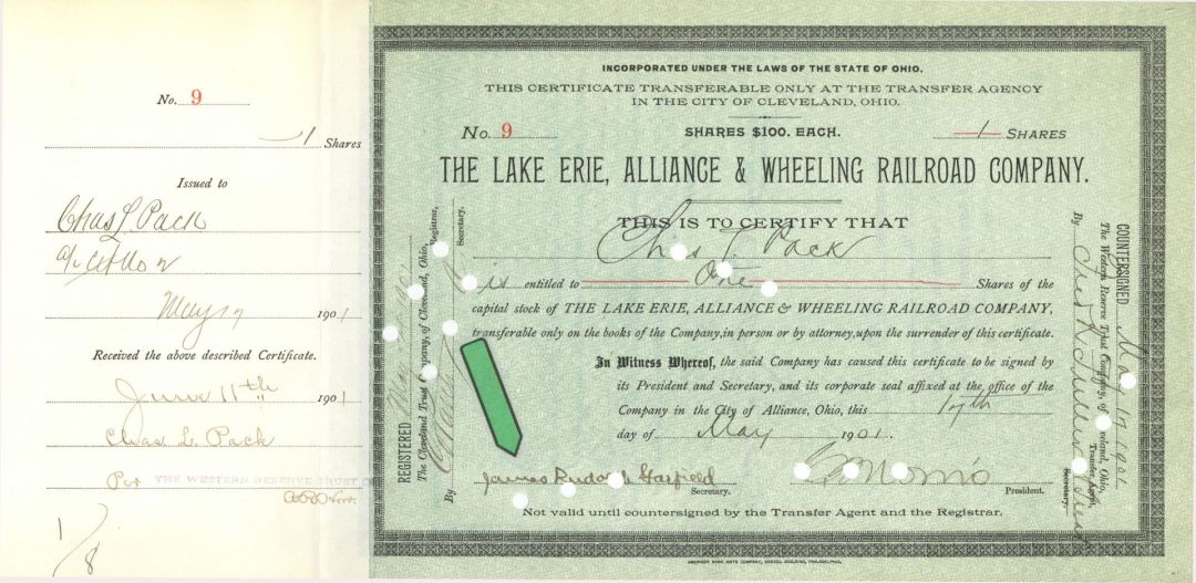 Lake Erie, Alliance and Wheeling Railroad Co. signed by James Rudolph Garfield - 1901 dated Autograph Railway Stock Certificate 