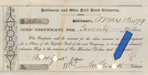 Baltimore and Ohio Rail Road Co. signed by John W. Garrett - 1879 dated Autographed Stock Certificate