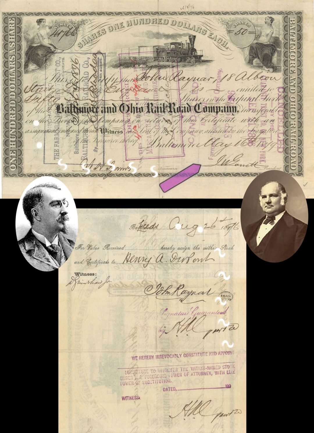 Baltimore and Ohio Rail Road Co. signed by John W. Garrett and transferred to Henry A. DuPont - 1879 dated Autographed Stock Certificate