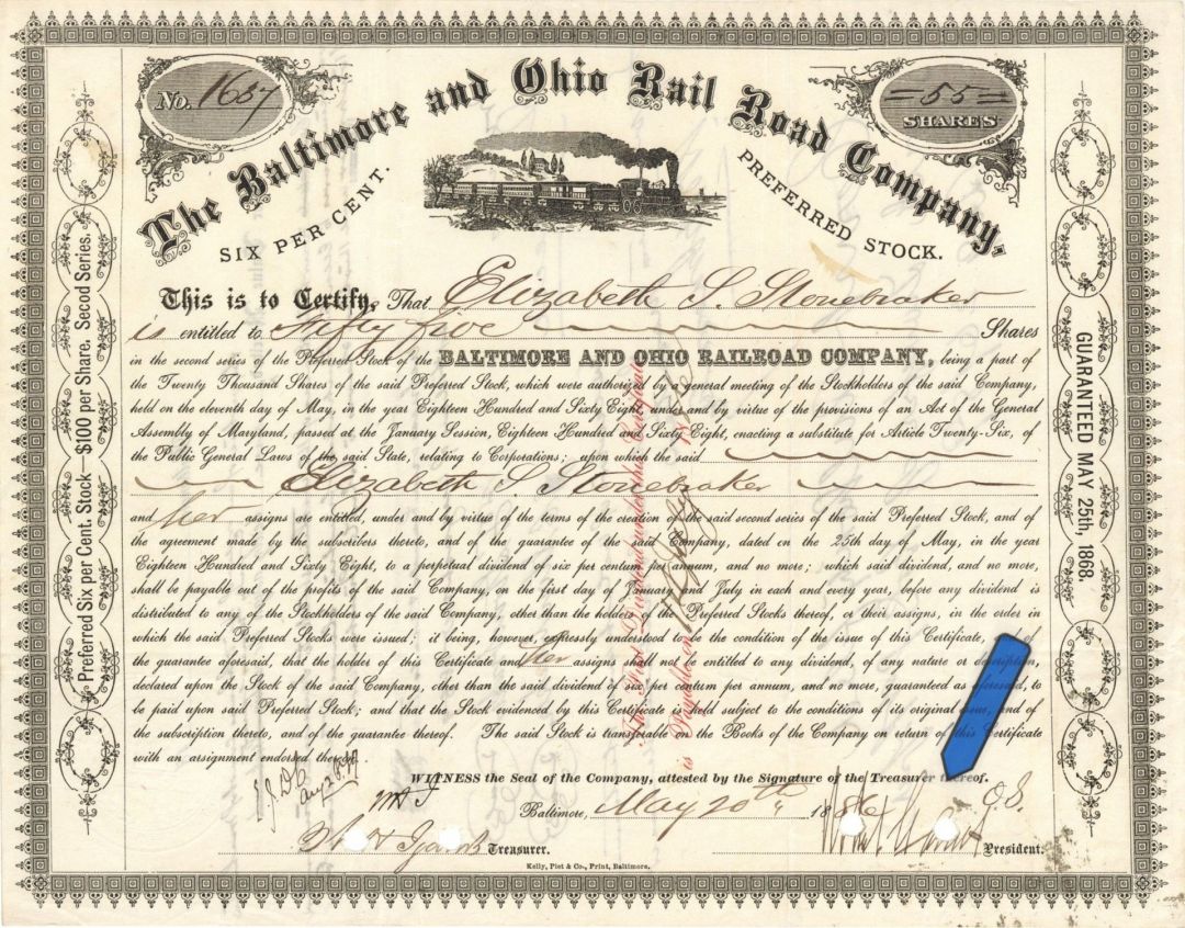 Baltimore and Ohio Rail Road Co. signed by Robert Garrett - 1886 or 1887 dated Stock Certificate