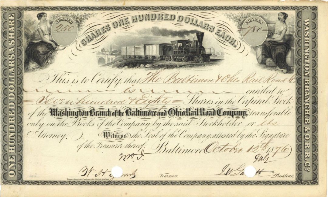 Washington Branch of the Baltimore and Ohio Rail Road Co. signed by John W. Garrett - 1877-1882 dated Autographed Stock Certificate