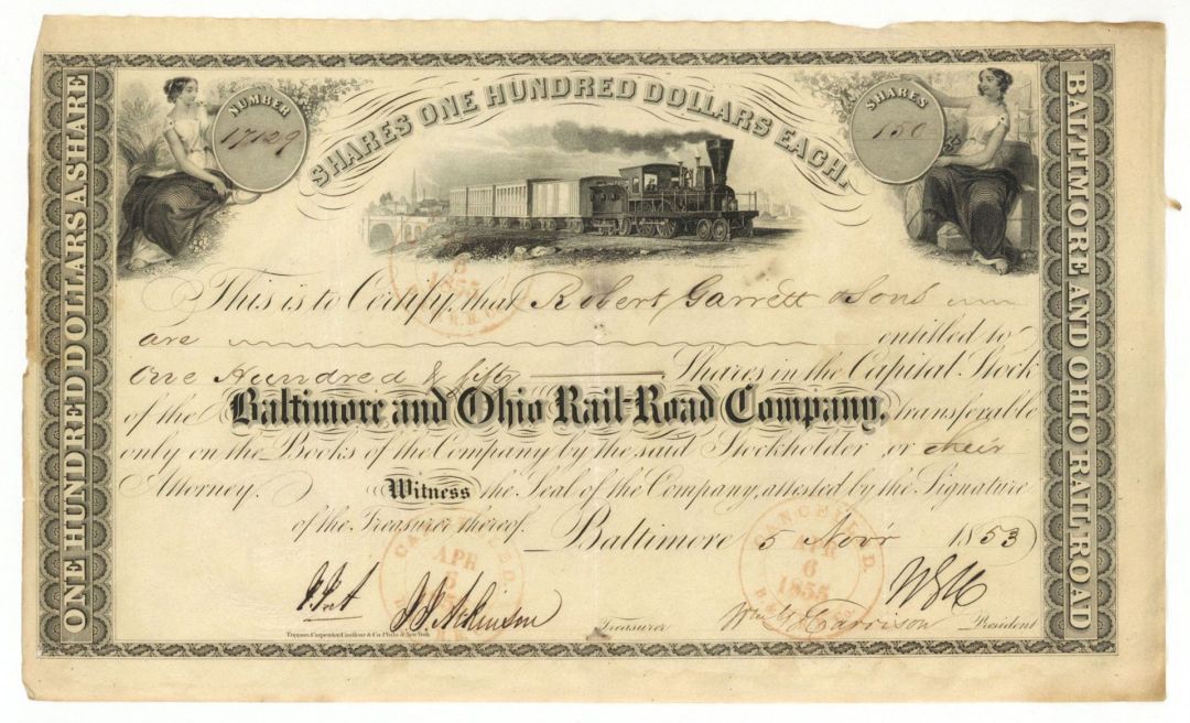 Baltimore and Ohio Rail Road Co. Issued to Robert Garrett and Sons - 1853-1856 dated Stock Certificate