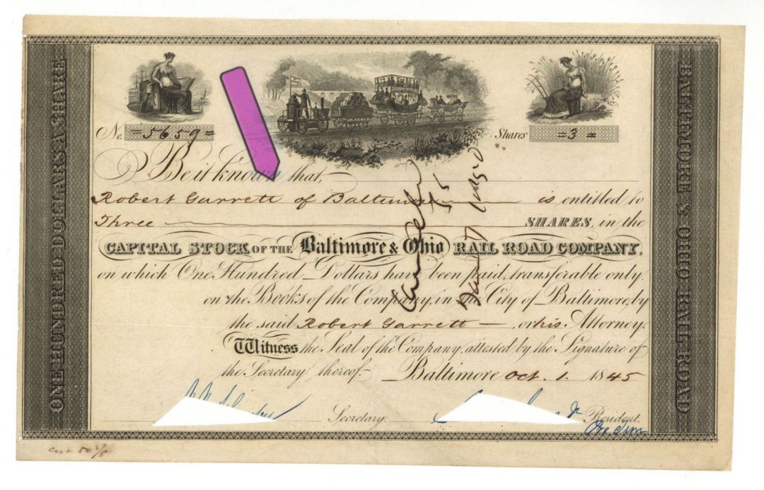 Baltimore and Ohio Rail Road Co. Issued to Robert Garrett of Baltimore - 1845 dated Stock Certificate