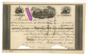 Baltimore and Ohio Rail Road Co. Issued to Robert Garrett of Baltimore - 1845 dated Stock Certificate