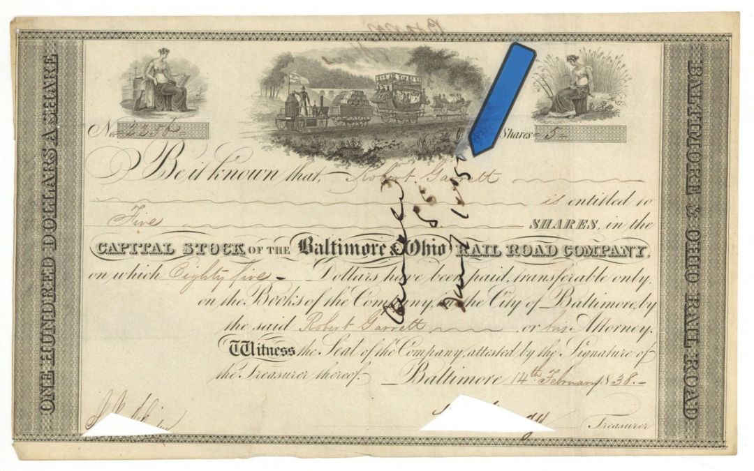 Baltimore and Ohio Rail Road Co. Issued to Robert Garrett - 1838 dated Stock Certificate