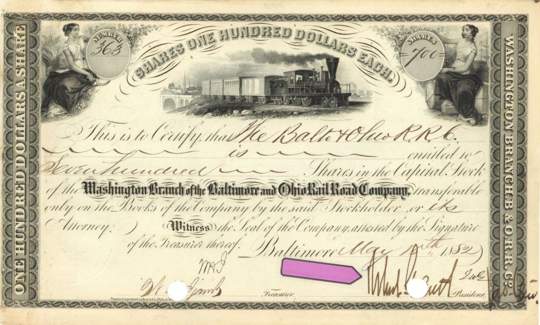 Washington Branch of the Baltimore and Ohio Rail Road Co. Signed by Robert Garrett - 1882 or 1883 dated Stock Certificate