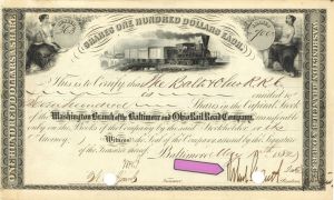 Washington Branch of the Baltimore and Ohio Rail Road Co. Signed by Robert Garrett - 1882 or 1883 dated Stock Certificate