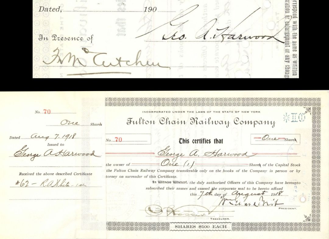 Fulton Chain Railway Co. issued to and signed by George A. Harwood - 1918 dated Stock Certificate