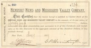 Newport News and Mississippi Valley Co. with printed signature of C. P. Huntington - 1887 dated Autographed Railroad Stock Certificate