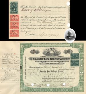 Raquette Lake Railway Co. transferred or issued to Estate of C.P. Huntington - 1899 or 1902 dated Autographed Railroad Stock Certificate