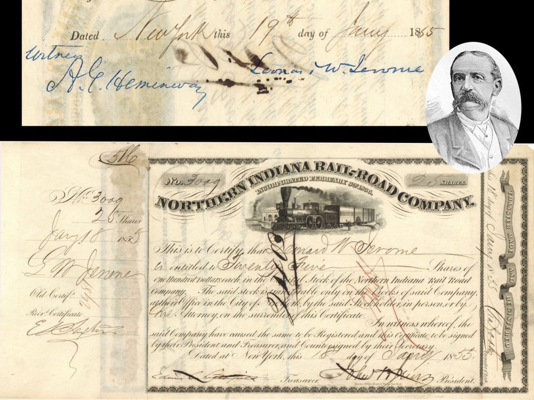 Northern Indiana Rail-Road Co. issued to and signed by Leonard W. Jerome - 1855 or 1856 dated Railway Stock Certificate