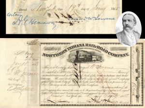 Northern Indiana Rail-Road Co. issued to and signed by Leonard W. Jerome - 1855 or 1856 dated Railway Stock Certificate