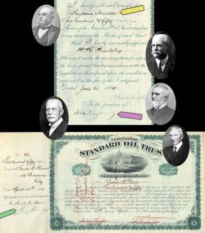 Standard Oil Trust Signed by J.D. Rockefeller, H.M. Flagler, W.H. Beardsley, J.A. Bostwick and Benjamin Brewster - 1883 dated Autograph Stock Certificate