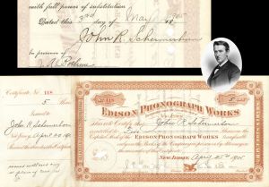 Edison Phonograph Works signed by Thomas A. Edison and John R. Schermerhorn - 1905 dated Autographed Stock Certificate