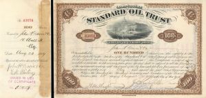 Standard Oil Trust Signed by J.D. Rockefeller, H.M. Flagler and W.H. Beardsley - 1889 dated Autograph Stock Certificate 