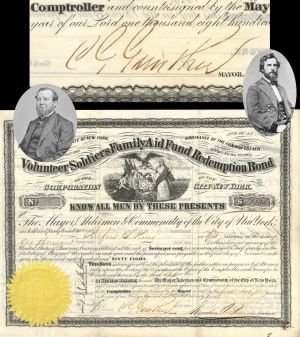 Volunteer Soldiers Family Aid Fund Redemption Bond issued to Brig. General Rufus S. King and signed by C.G. Gunther - 1865 dated $1,000 Bond