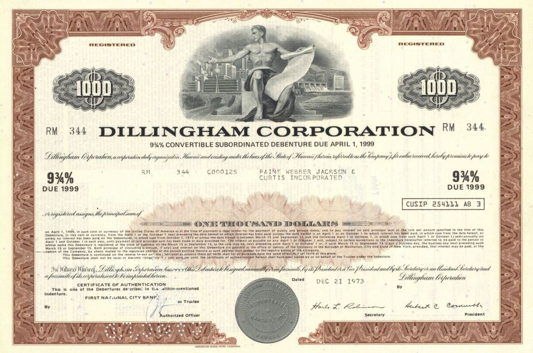 Dillingham Corporation - Hawaiian Stock Certificate