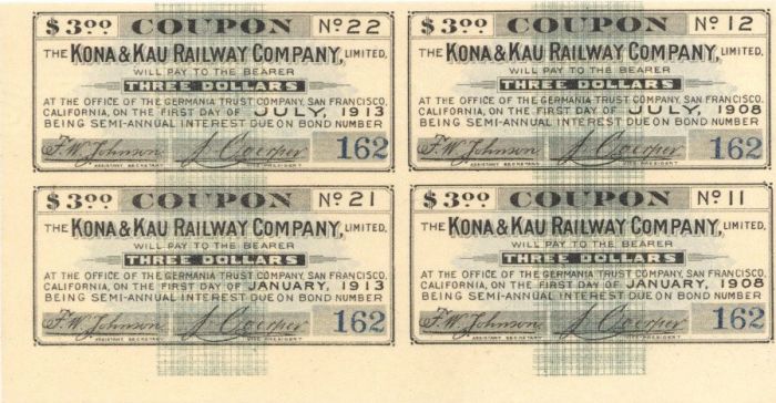 Kona and Kau Railway Co. - Bond Coupons