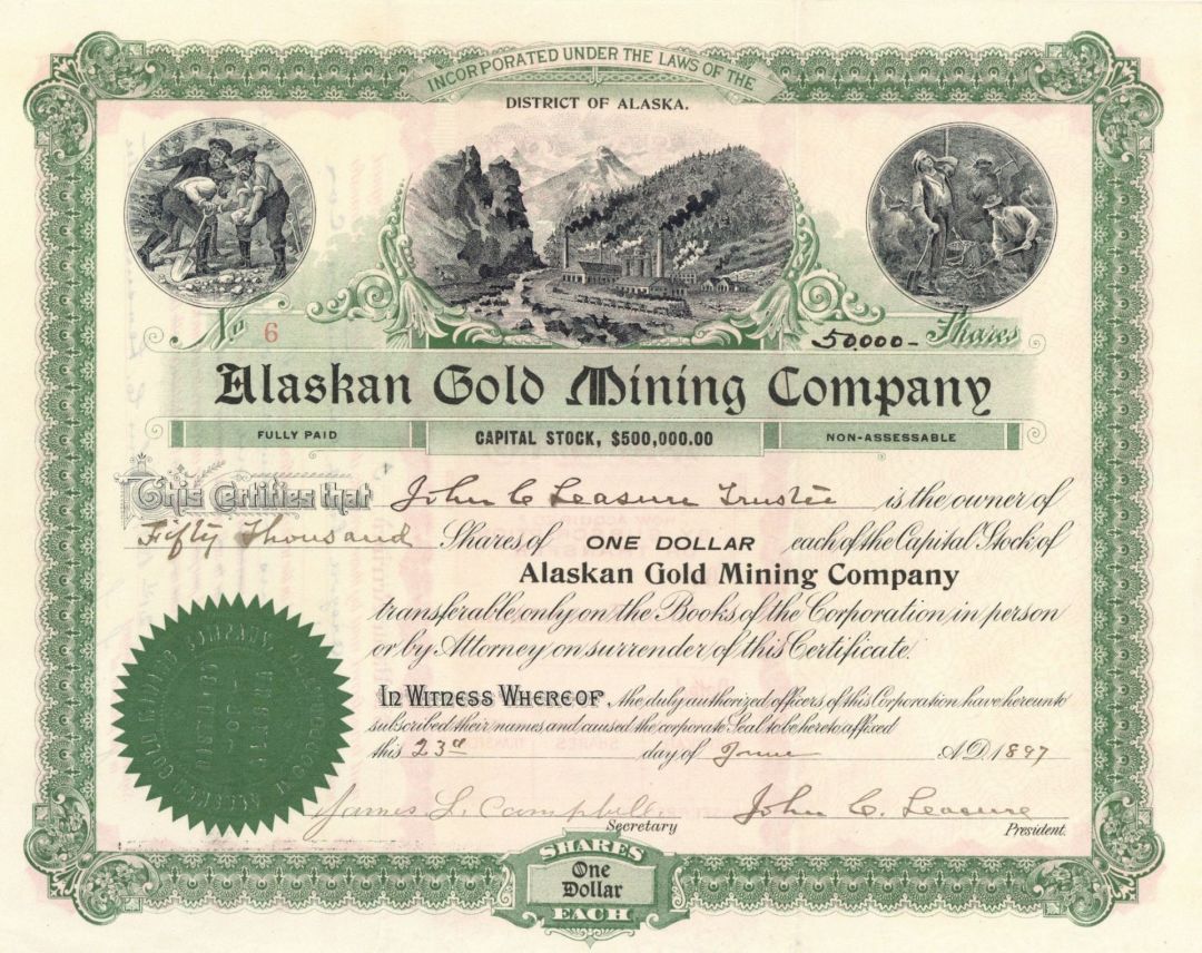 Alaskan Gold Mining Co. - 1897 dated Alaska Mining Stock Certificate