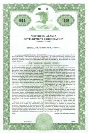 Northern Alaska Development Corp. - $1,000 Mining Bond from College, Alaska