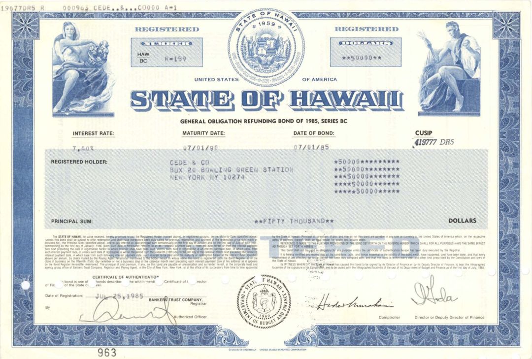 State of Hawaii  - 1985 dated $50,000 Bond