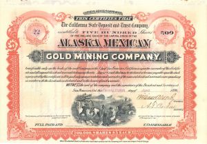 Alaska Mexican Gold Mining Co.  - 1892 dated Stock Certificate