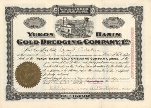 Yukon Basin Gold Dredging Company, Ltd.  - 1909 dated Stock Certificate