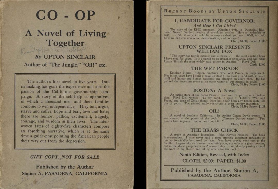 Co-Op A Novel of Living Together by Upton Sinclair and Signed in Pencil - 1936 dated Autograph