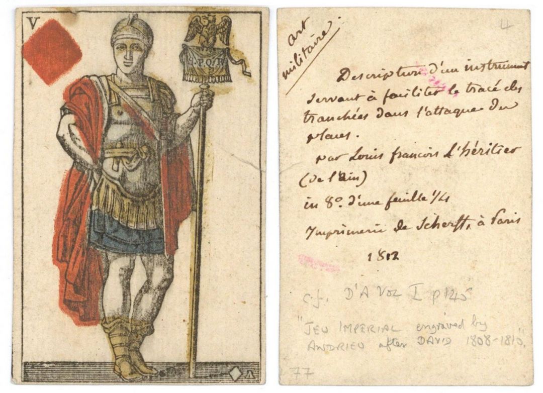 2nd Use French Playing Card dated 1808 - By David and Called Jeu Imperiale Roman Soldier - Military Equipment Record - France