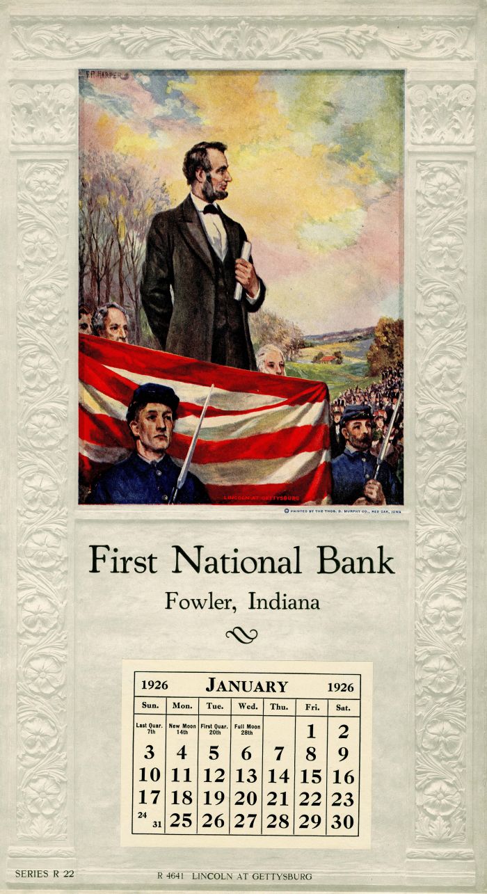 Abraham Lincoln at Gettysburg Ad Calendar - Salesman Sample Calendar - Americana