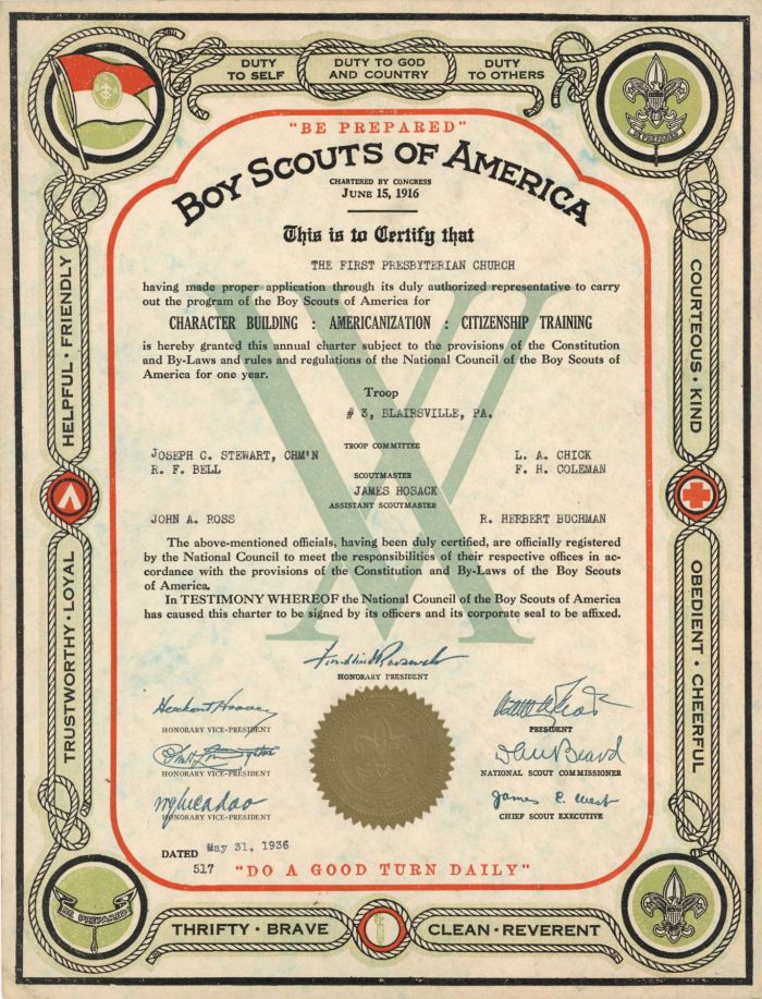 Boy Scouts of America - Program Certificate - Facsimile Signatures of Franklin D. Roosevelt, Herbert Hoover & William Gibbs McAdoo Jr. - Americana