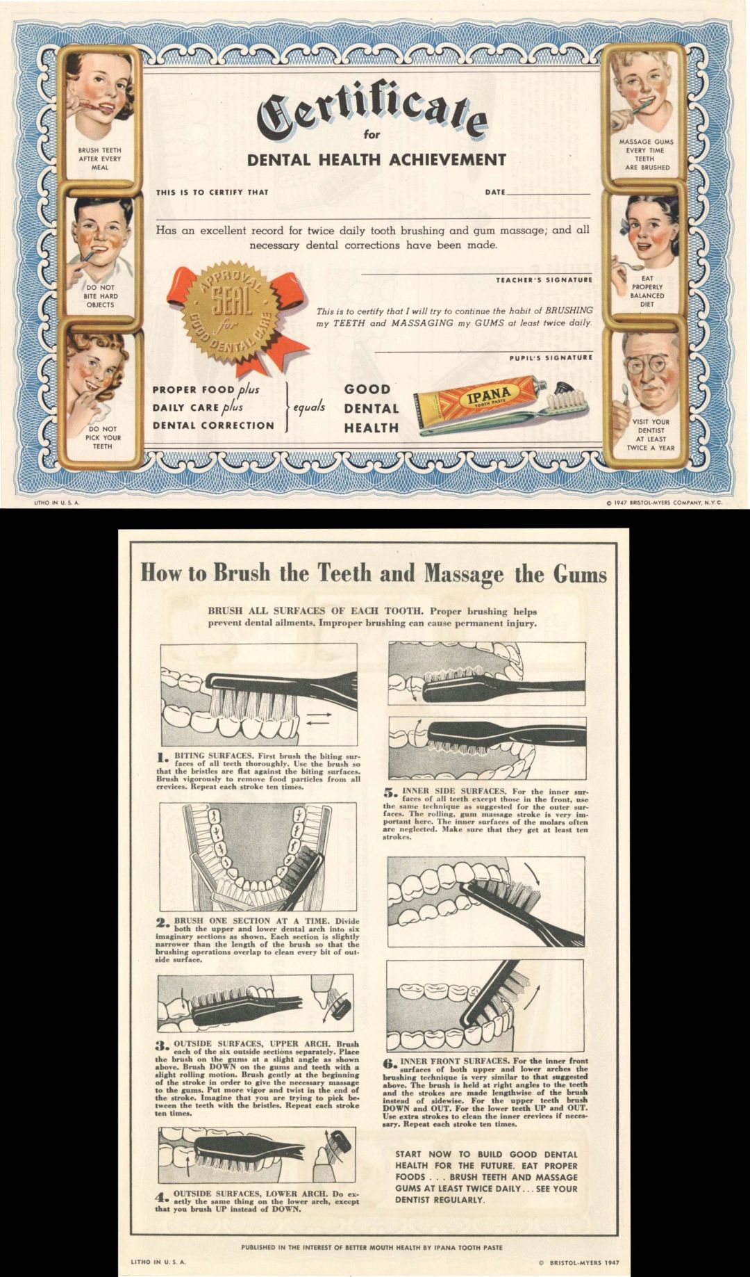 Certificate for Dental Health Achievement - Bristol-Myers - 1940's dated Dentist Certificate