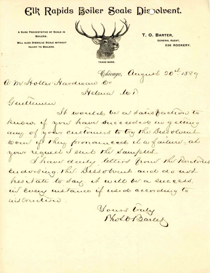 Elk Rapids Boiler Scale Dissolvent Letter