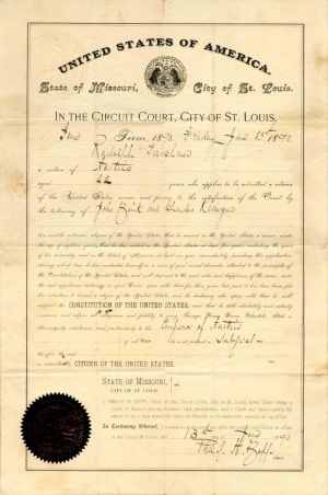 Citizenship Certificate - 1890 dated for a 22 Year Old From Austria - Americana - St. Louis, Missouri