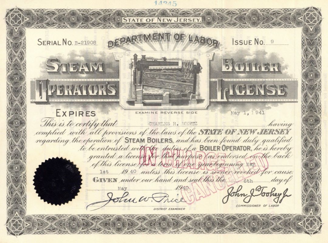 Steam Boiler Operator's License - 1939-49 dated Department of Labor Certificate