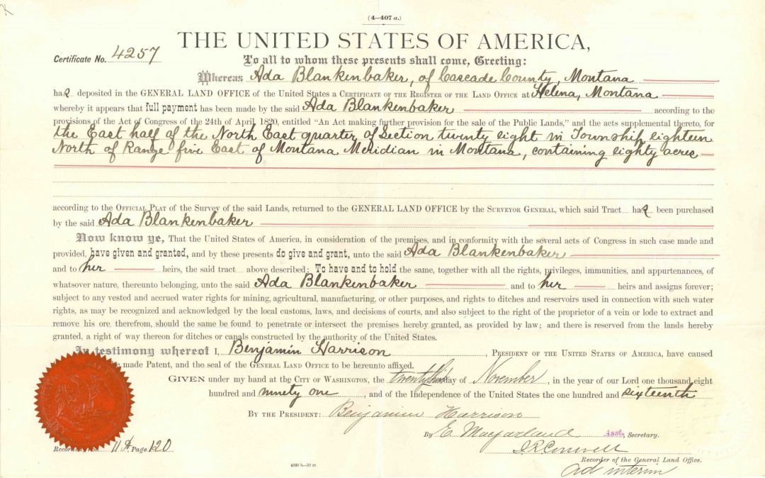 Land Grant signed under Benjamin Harrison Adminstration - Secretarial Signature