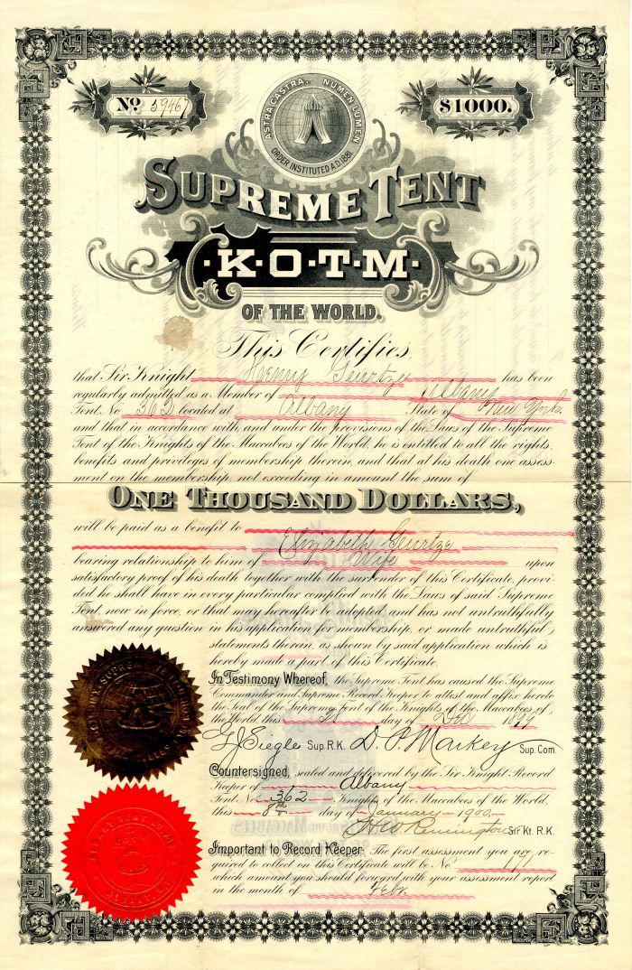 Supreme Tent of the World Certificate