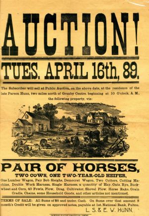 Auction! Broadside dated April 16, 1889 - Americana - Pair of Horses, Two Cows and One Two-Year-Old Heifer