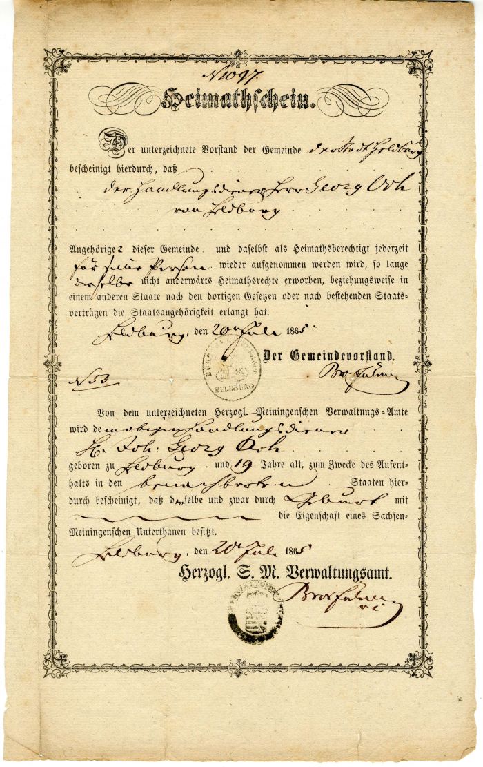 Heimatschein Certificate
