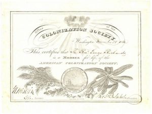 American Colonization Society Certificate dated 1862 - Stock Certificate