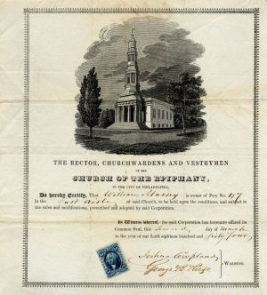 Church of the Epiphany - Pew Ownership Certificate with Revenue dated 1864