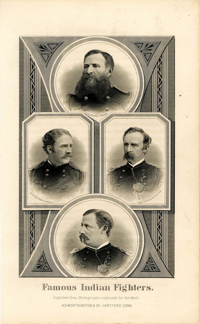 Engraving of "Famous Indian Fighters" - Depicts Generals Crook, Miles, Custer and Mackenzie