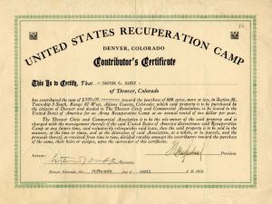 United States Recuperation Camp - Contributor's Certificate