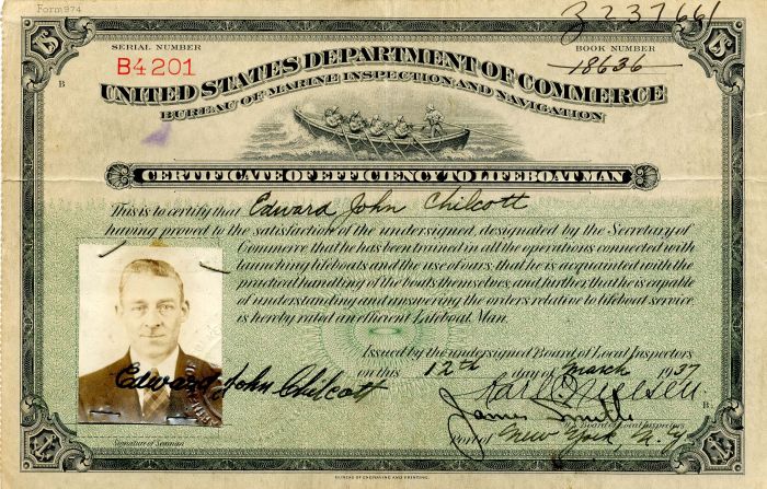 Certificate of Efficiency to Lifeboat Man - 1937 dated United States Department of Commerce - Americana