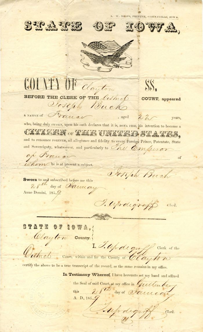 State of Iowa Citizenship Certificate