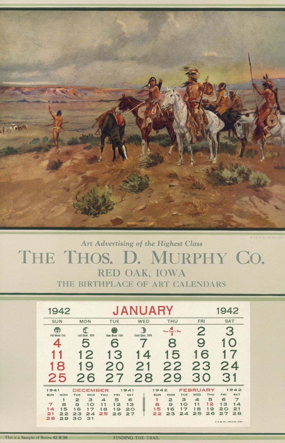 Salesman Sample Calendar - "Finding the Trail" by Charles M. Russell - Thos. D. Murphy Co.