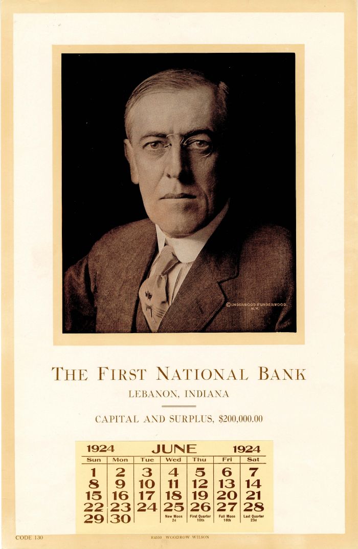 Ad Calendar for First National Bank with portrait of Woodrow Wilson
