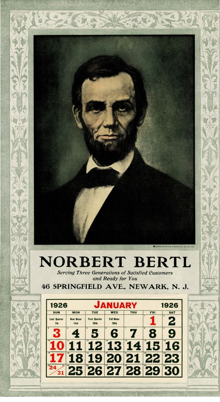 Ad Calendar for Norbert Bertl with portrait of Abraham Lincoln - Salesman Sample Calendar