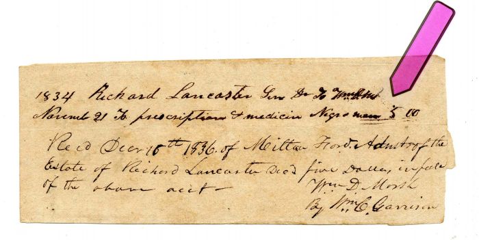 1834 - Alabama Slavery Document - Relating to Prescription and Medication